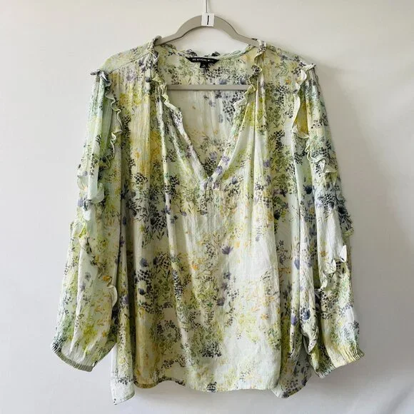 Zac & Rachel Womens Ivory Ruffle Trim Floral Print Preppy Blouse Top Size 3X - Picture 1 of 9